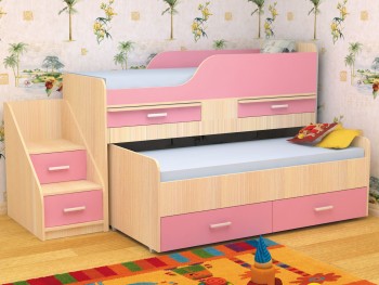 Кровать детская Лесики двухместная 1.8  Дуб молочный/Розовый в Боготоле - bogotol.mebel54.com | фото