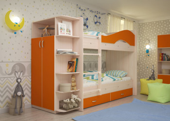 Кровать Мая двухъярусная с ящиками и шкафом Млечный дуб/Оранжевый в Боготоле - bogotol.mebel54.com | фото
