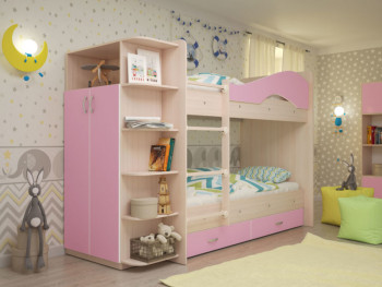 Кровать Мая двухъярусная с ящиками и шкафом Млечный дуб/Розовый в Боготоле - bogotol.mebel54.com | фото