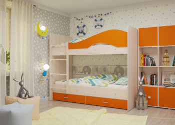 Кровать Мая двухъярусная с ящикамиМлечный дуб/Оранжевый в Боготоле - bogotol.mebel54.com | фото