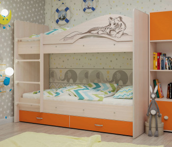 Кровать Мая-Сафари двухъярусная с ящикамиМлечный дуб/Оранжевый в Боготоле - bogotol.mebel54.com | фото