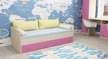 Кровать с выкатными ящиками Дуб Молочный/Розовый в Боготоле - bogotol.mebel54.com | фото