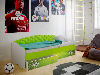 Кровать Софа-8 с мягкой спинкой фотопечать Футбол (900х1900) Белый/Лайм в Боготоле - bogotol.mebel54.com | фото