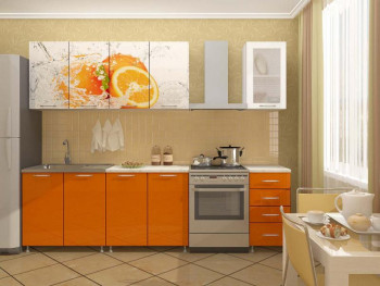 Кухонный гарнитур 1,6м Апельсин (Белый/Оранжевый металлик/Фотопечать апельсин) в Боготоле - bogotol.mebel54.com | фото