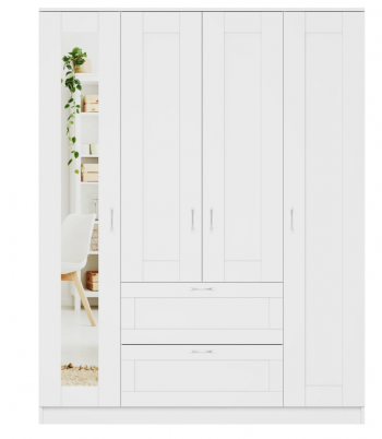Шкаф четырехдверный Сириус с 1 зеркалом и 2 ящиками белый в Боготоле - bogotol.mebel54.com | фото