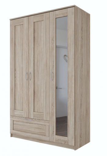 Шкаф трехдверный Сириус с зеркалом и 1 ящиком дуб сонома в Боготоле - bogotol.mebel54.com | фото